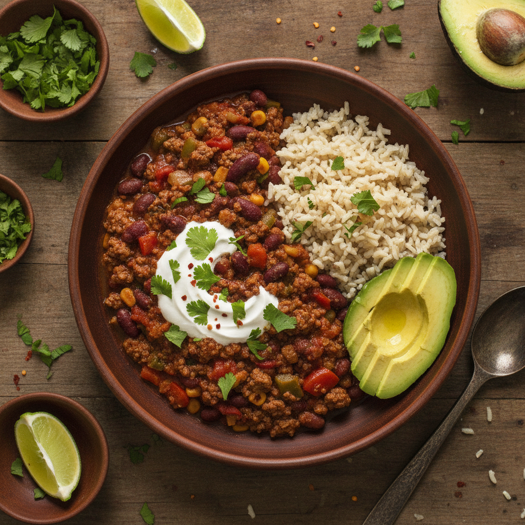 Mustig Chili con Carne med Fullkornsris och Avokado