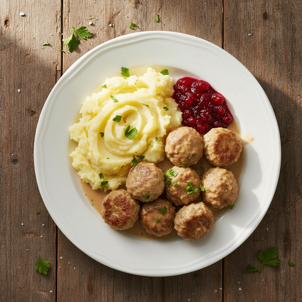 Svenska Köttbullar i Lätt Gräddsås med Potatispuré och Lingon