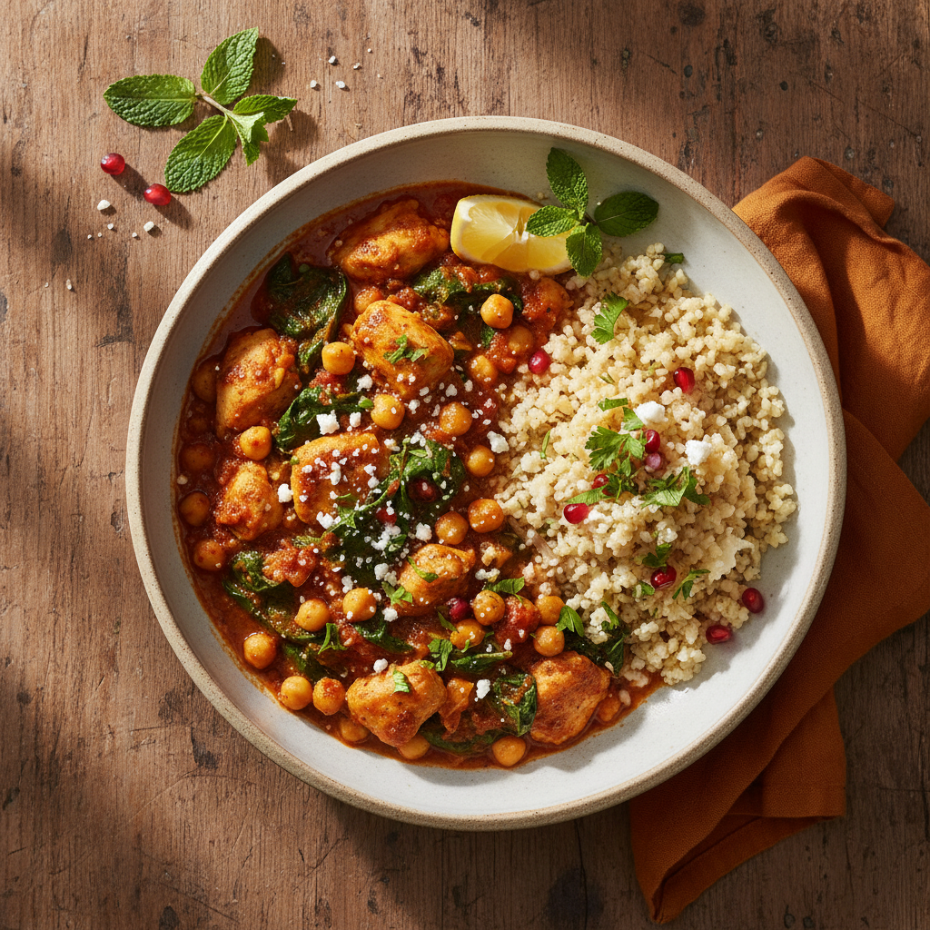 Mellanöstern Kyckling- och Kikärtsgryta med Spenat och Bulgur