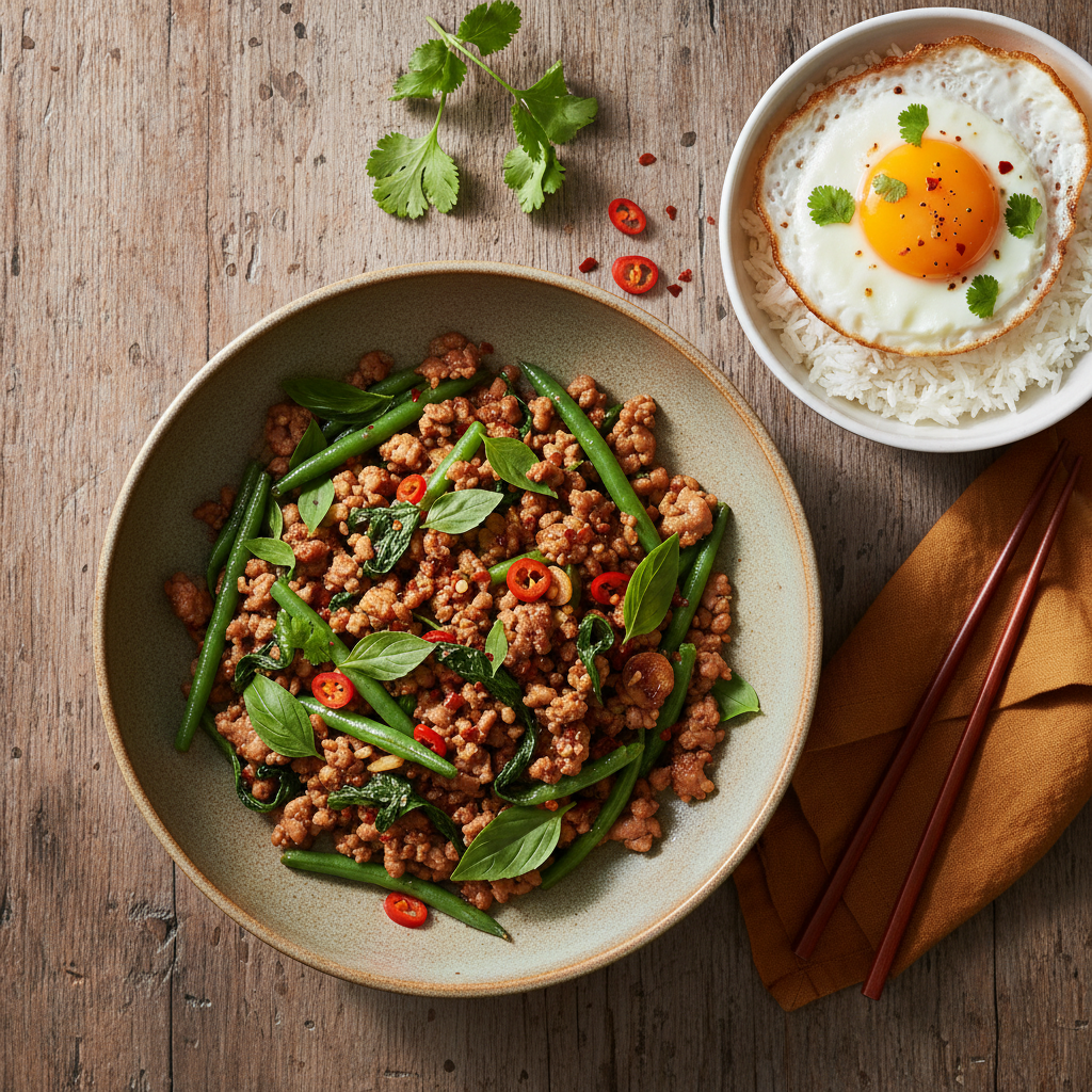 Thailändsk Fläskfärs med Basilika och Jasminris