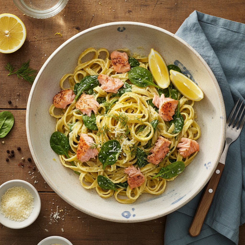 Pasta med Lax, Spenat och Citronsås