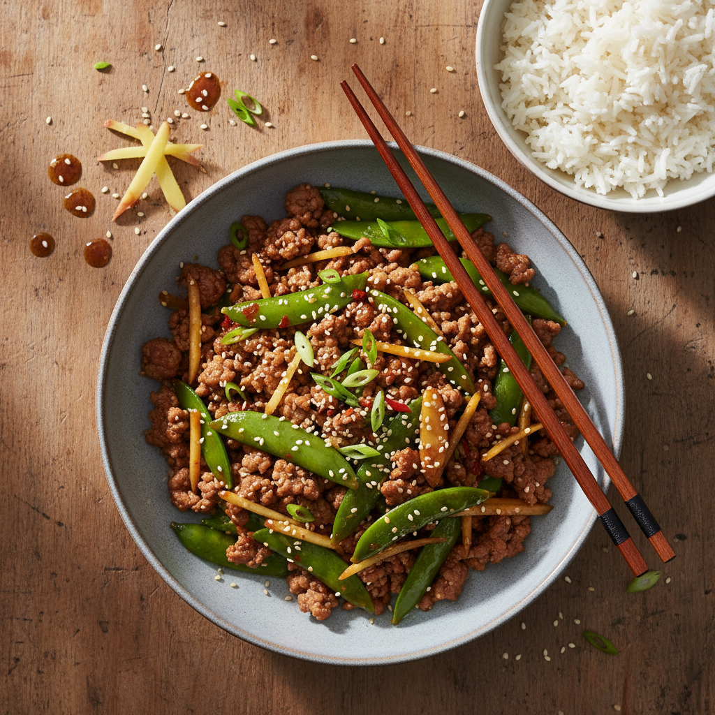 Japansk Fläskfärswok med Ingefära och Sockerärtor