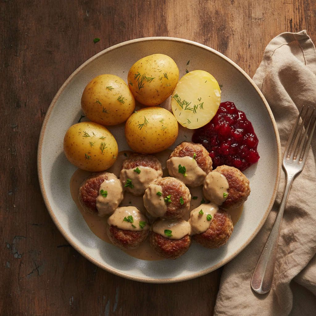 Köttbullar med Gräddsås, Kokt Potatis och Lingonsylt