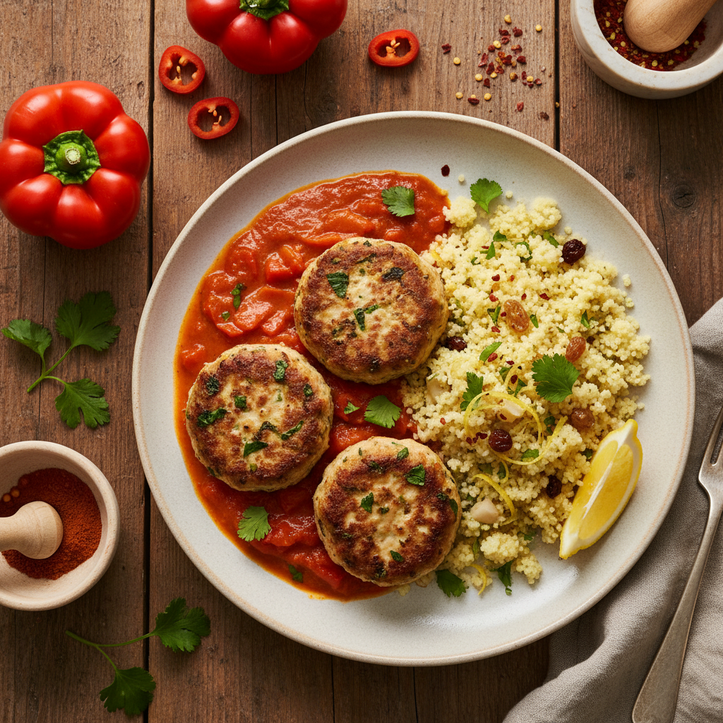 Kryddiga Kycklingfärsbiffar med Paprikasås och Citroncouscous