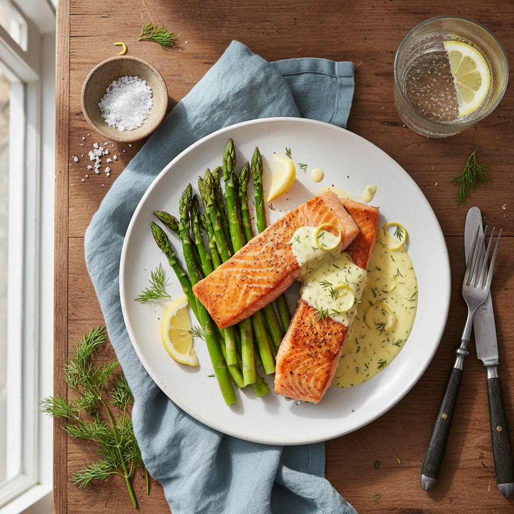 Pannstekt lax med citron- och dillsås och rostad sparris