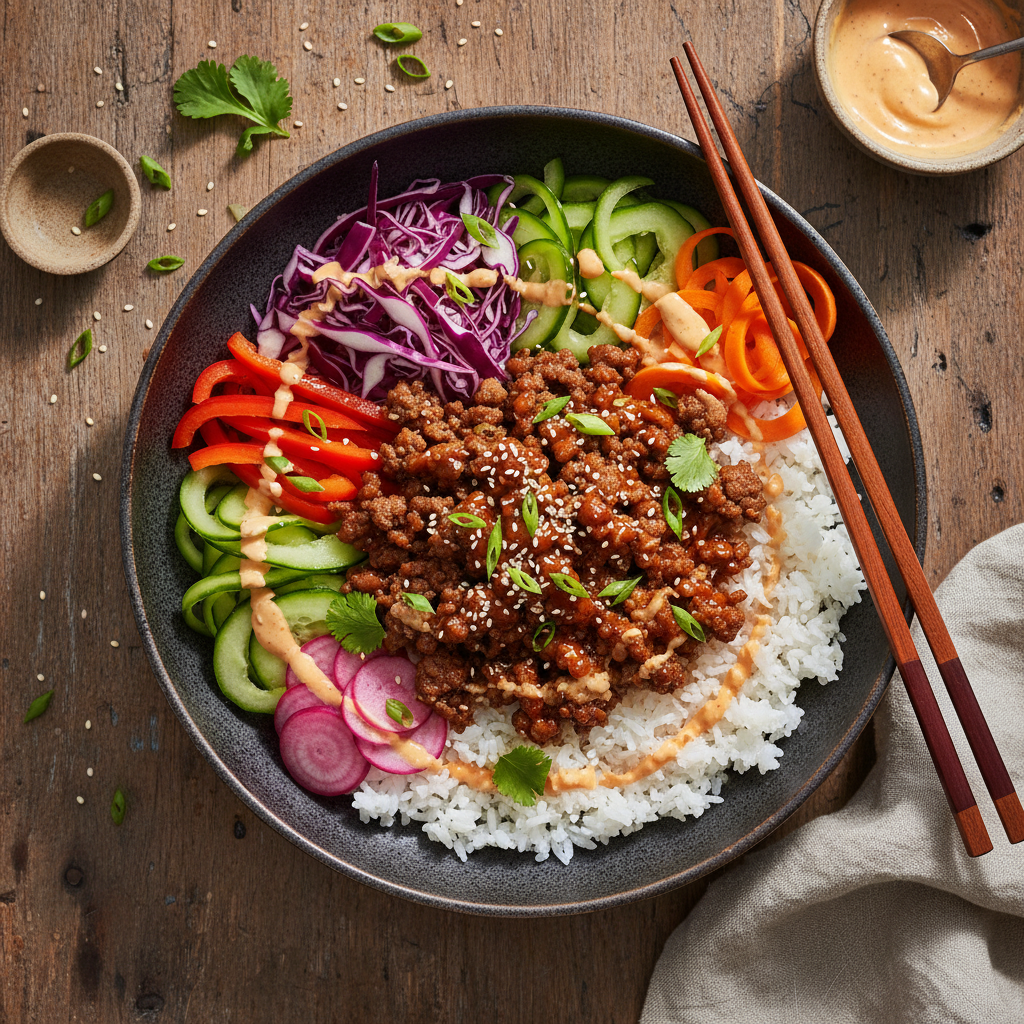 Koreansk Nötfärsbowl med Ris och Krispiga Grönsaker
