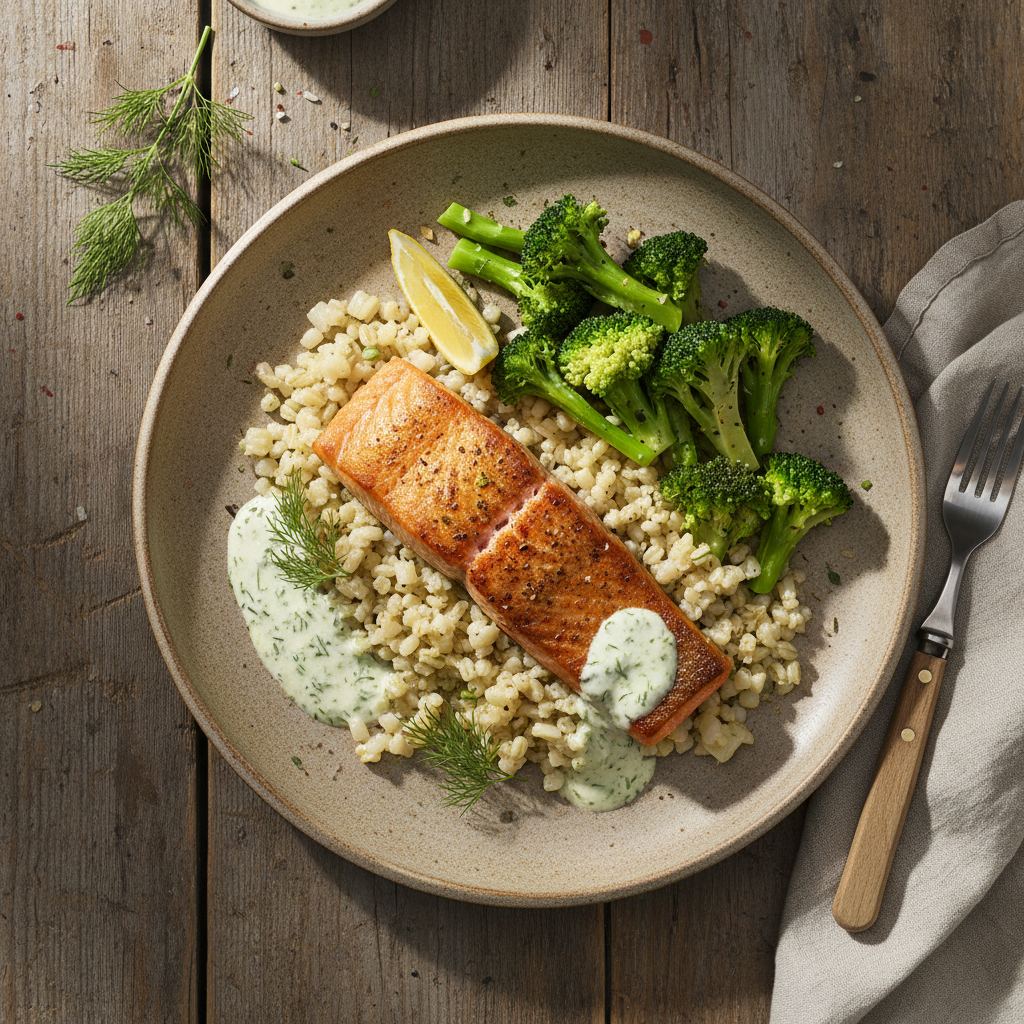 Stekt Lax med Krämig Dillsås, Bulgur och Broccoli