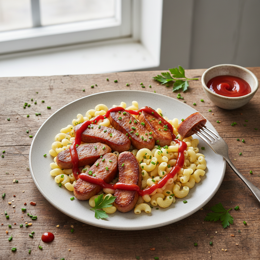 Stekt Falukorv med Makaroner och Ketchup