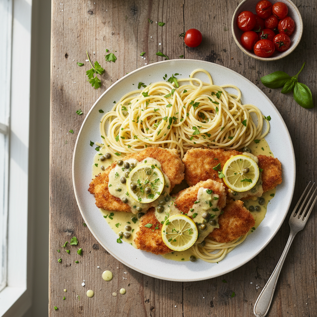 Kyckling Piccata med Citron- och Kaprissås samt Pasta