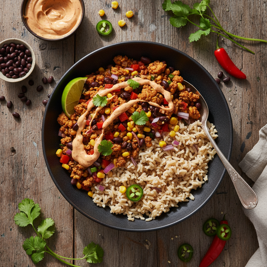 Het Mexikansk Kycklingfärsbowl med Fullkornsris och Chipotlemajonnäs