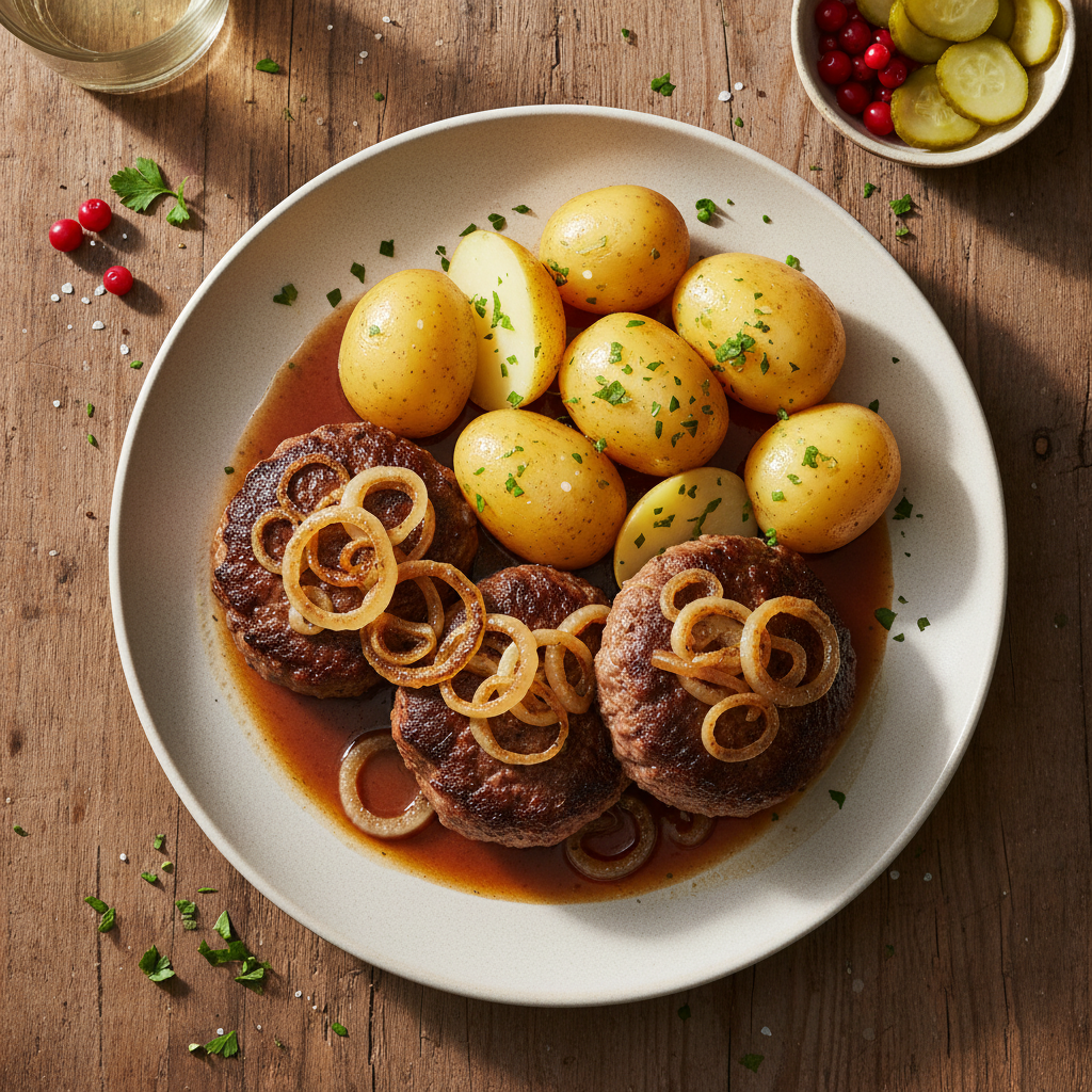 Pannbiff med lök, kokt potatis och brunsås