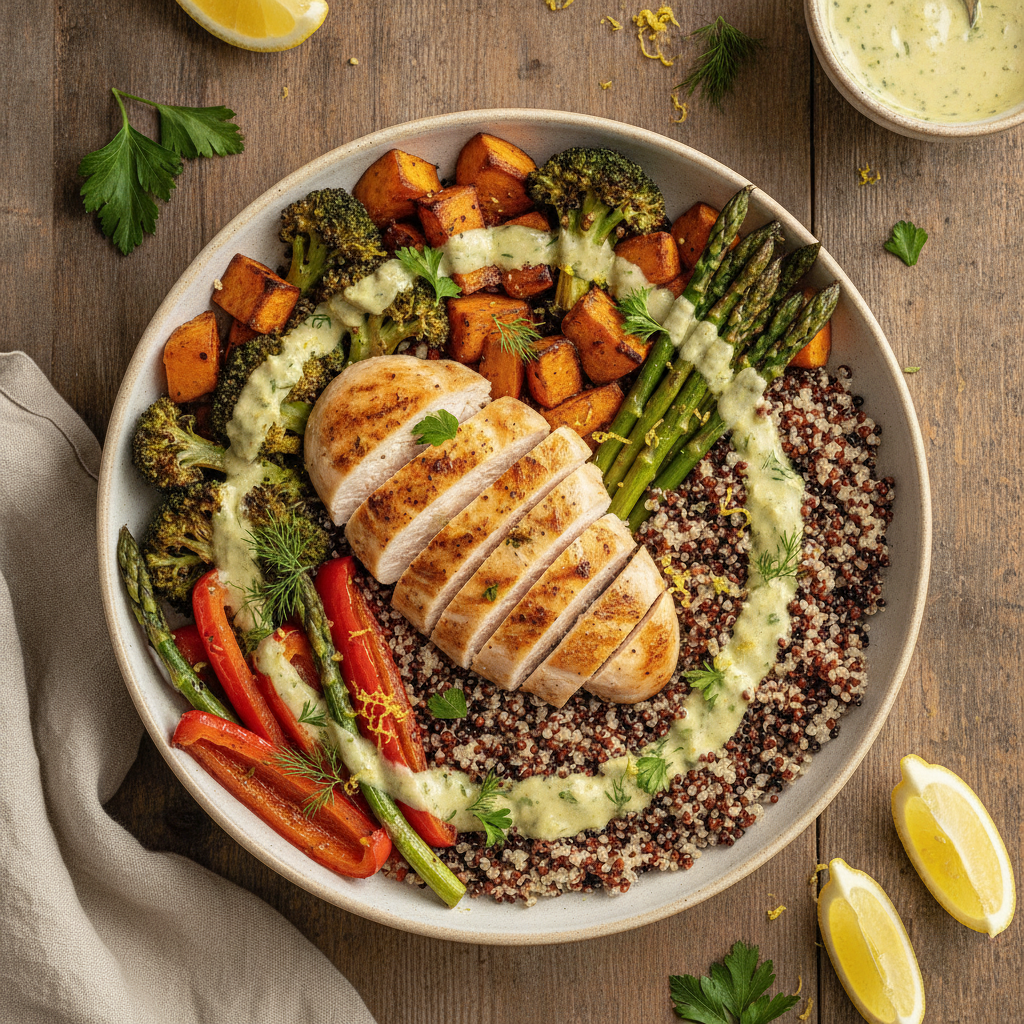 Kyckling- och Quinoabowl med Rostade Grönsaker och Citron-Örtdressing