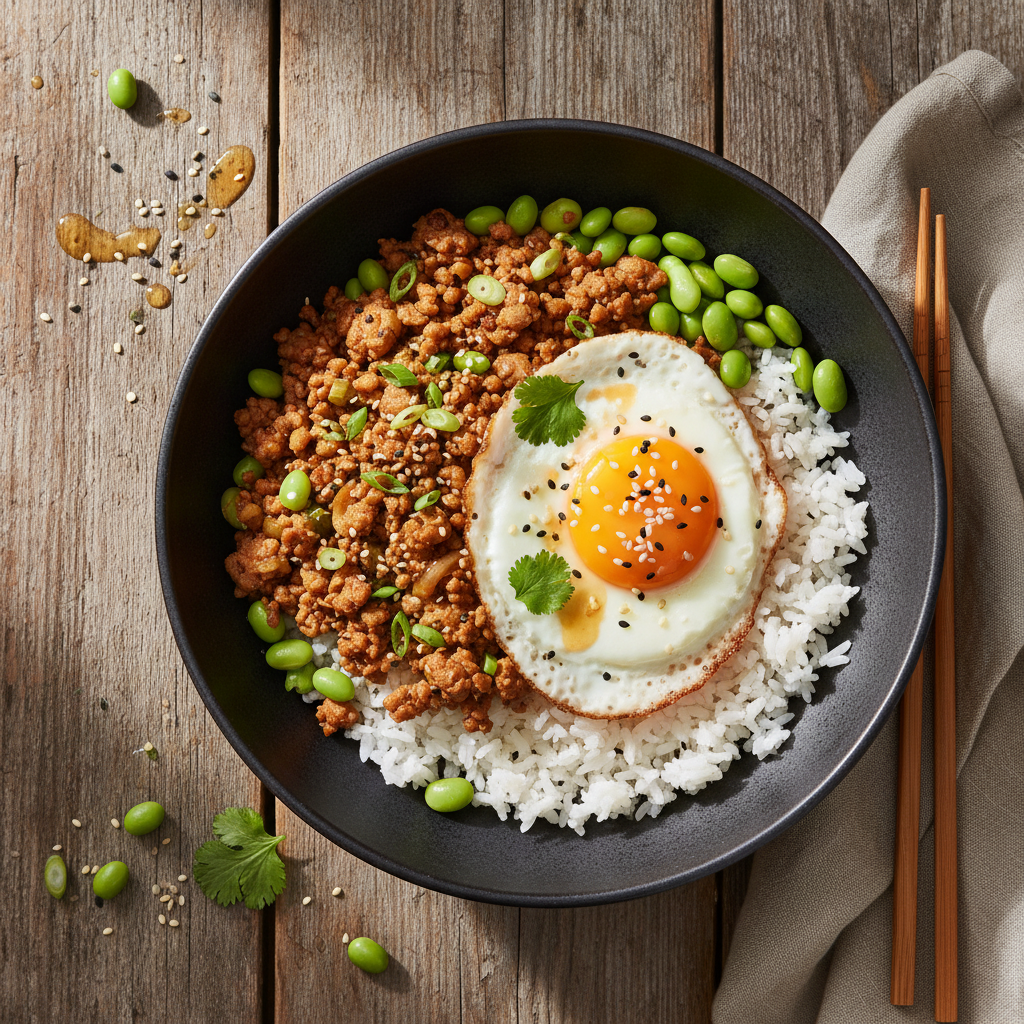 Japansk Kalkonfärs Donburi med Ägg och Edamame