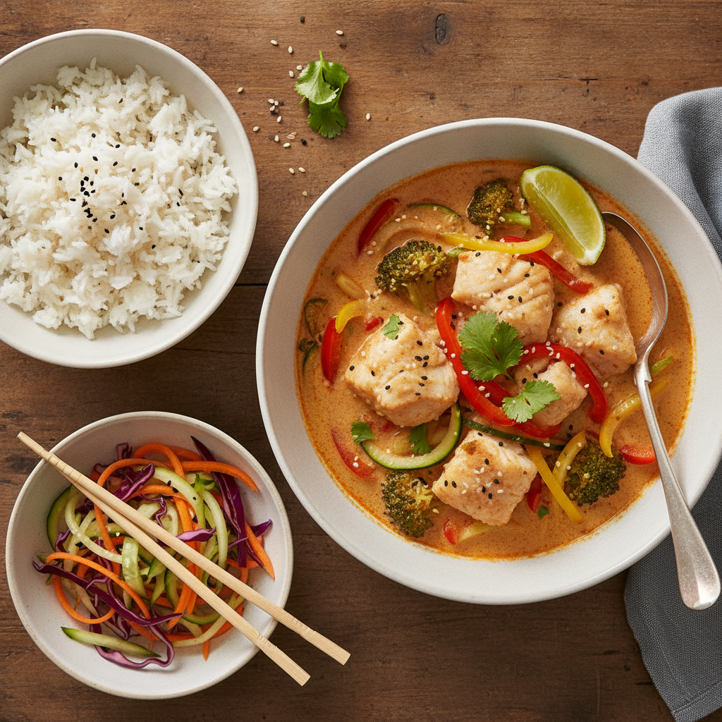 Thailändsk Torskcurry med Jasminris och Krispiga Grönsaker