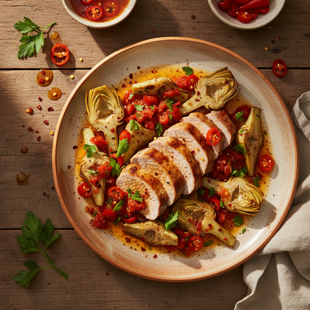 Pannstekt fläskfilé med rostade kronärtskockor och kalabrisk chili- och tomatvinägrett