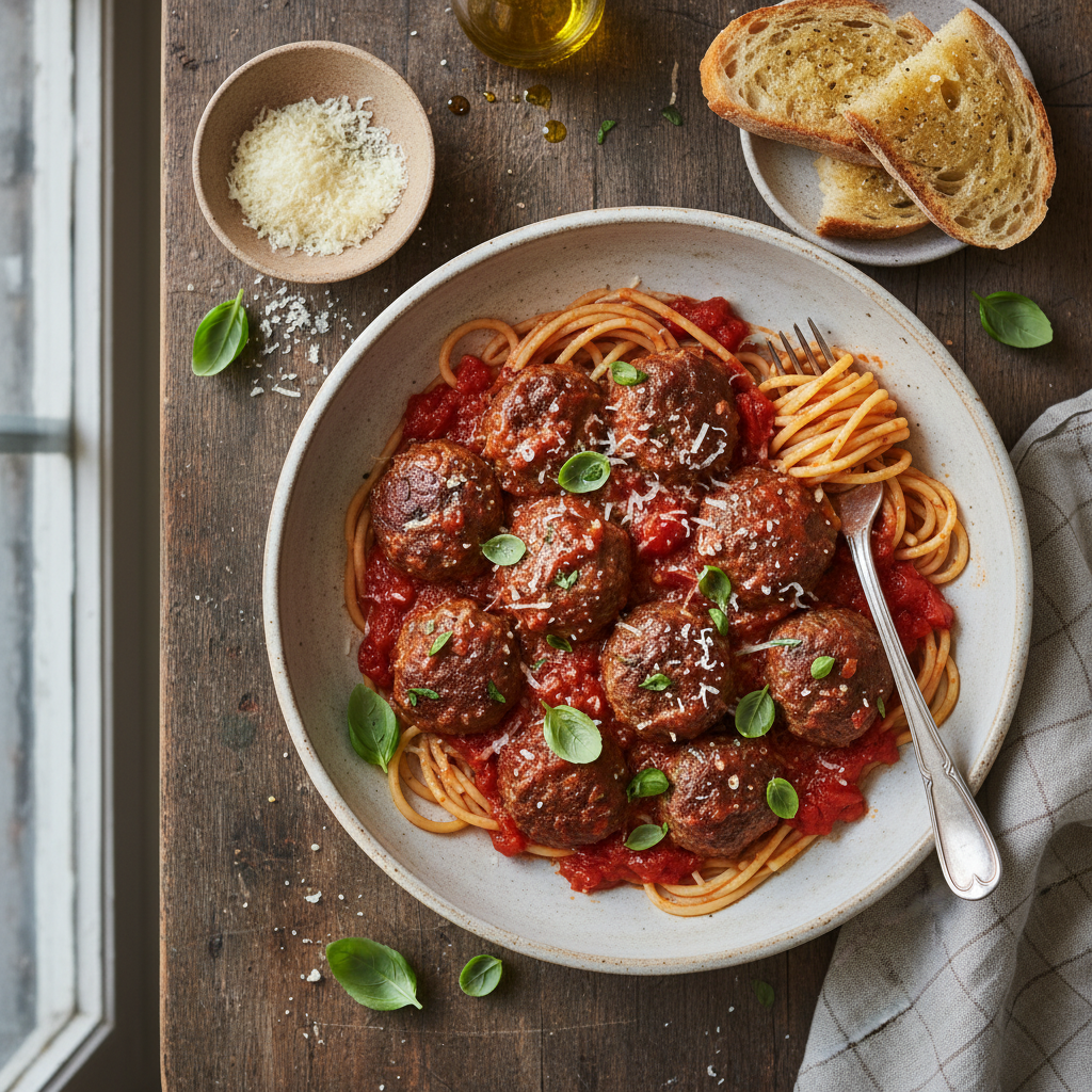 Italienska Köttbullar i Mustig Tomatsås med Spaghetti