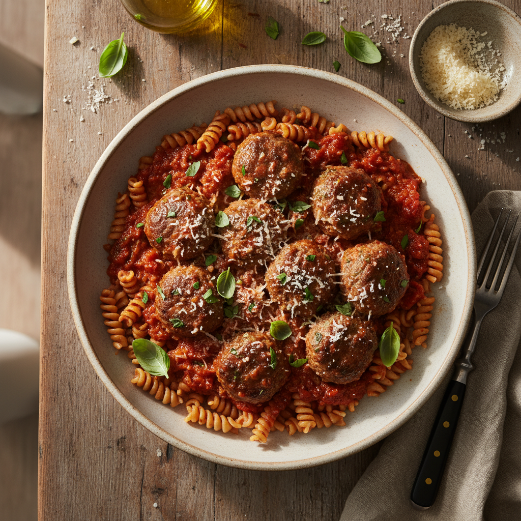 Italienska Köttbullar i Örtig Tomatsås med Fullkornspasta