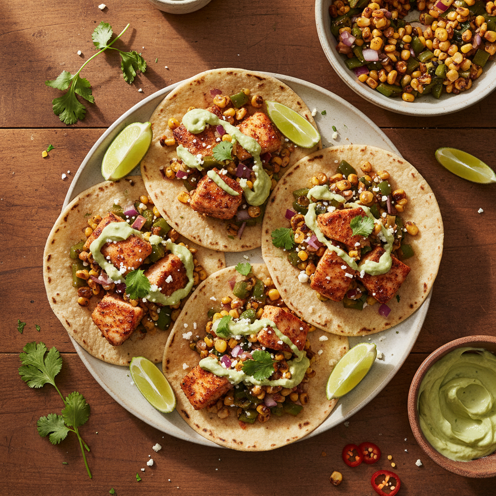 Kryddad Mahi-Mahi med Rostad Poblano- och Majssalsa samt Avokado-Lime Crema