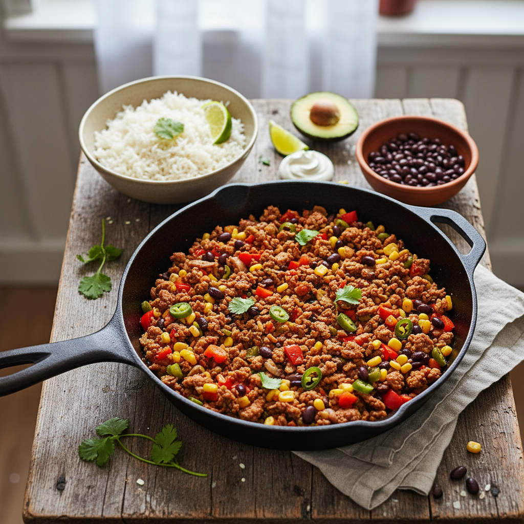 Mexikansk Fläskfärspanna med Ris och Svarta Bönor
