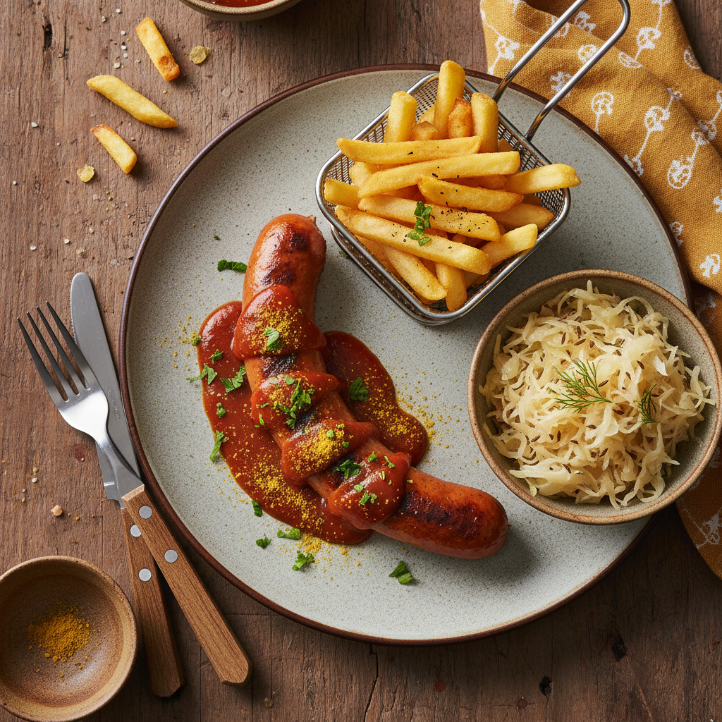 Currywurst med Pommes Frites och Surkål
