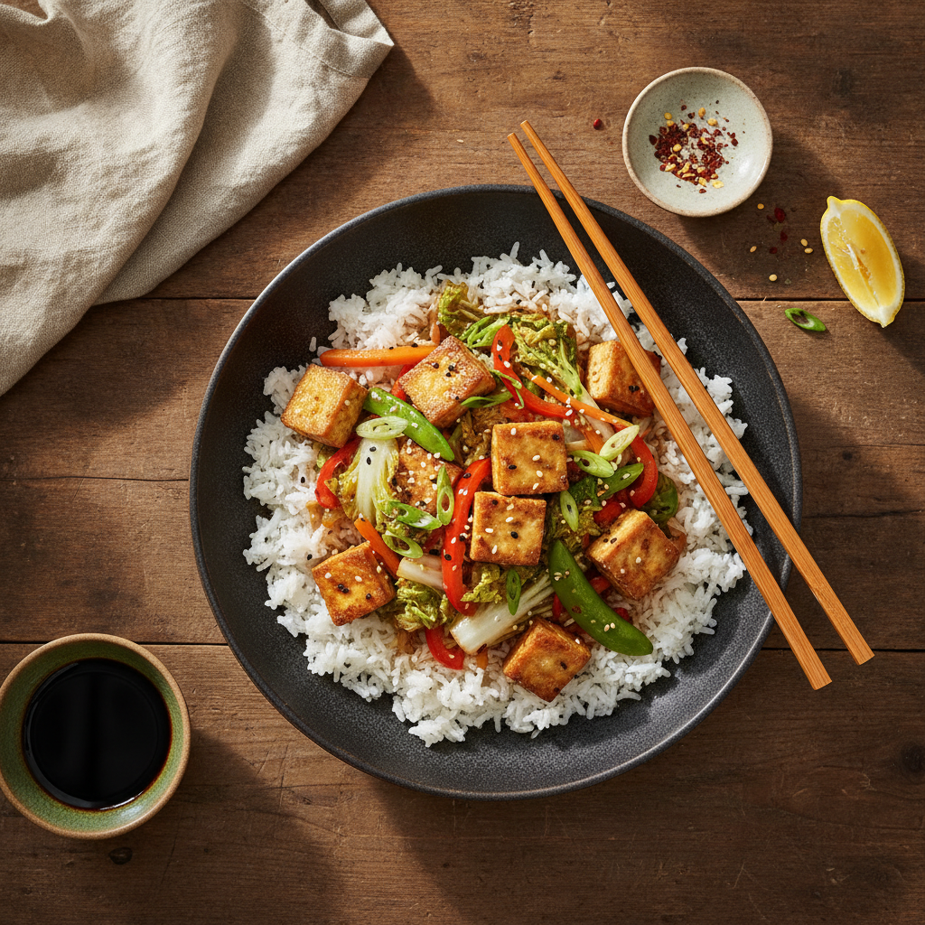 Asiatisk Tofuwok med Kinesisk Kål och Jasminris