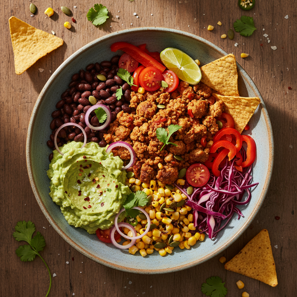 Mexikansk Kalkon- och Svarta Bönor Bowl med Avokadoröra