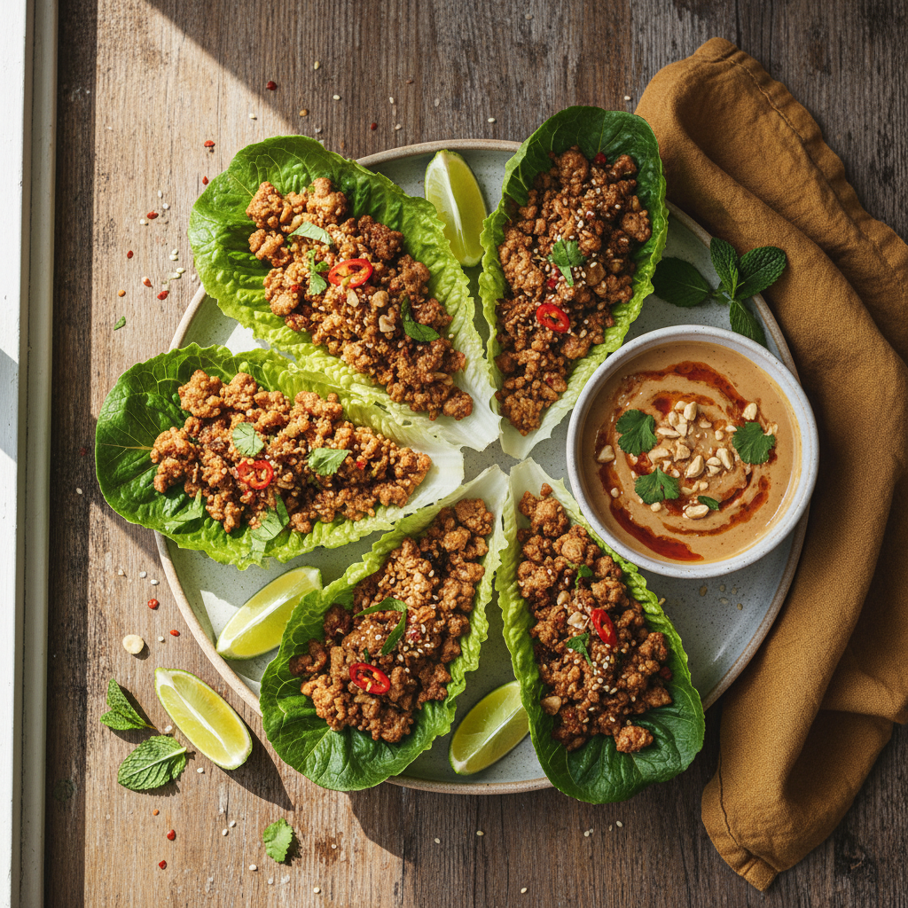 Kycklingfärs i salladsblad med snabb jordnötssås