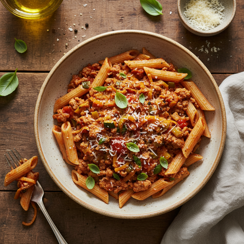 Kycklingfärsragu med Fullkornspasta