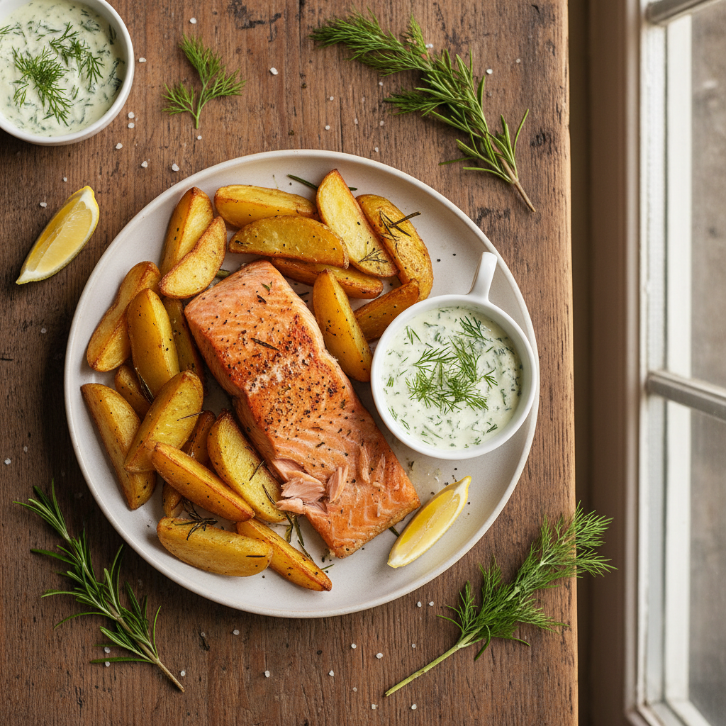 Ugnsbakad Lax med Rostad Potatis och Krämig Dillsås