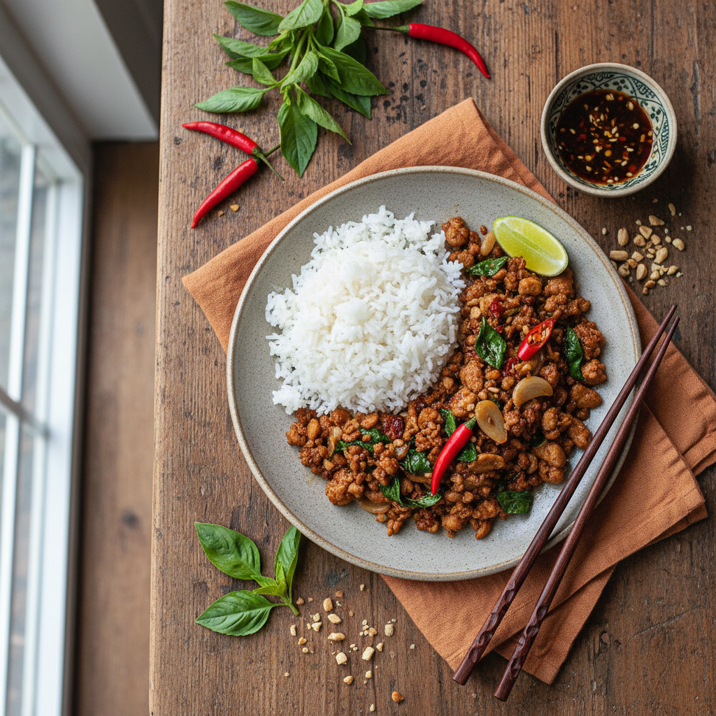 Thailändsk kycklingwok med basilika