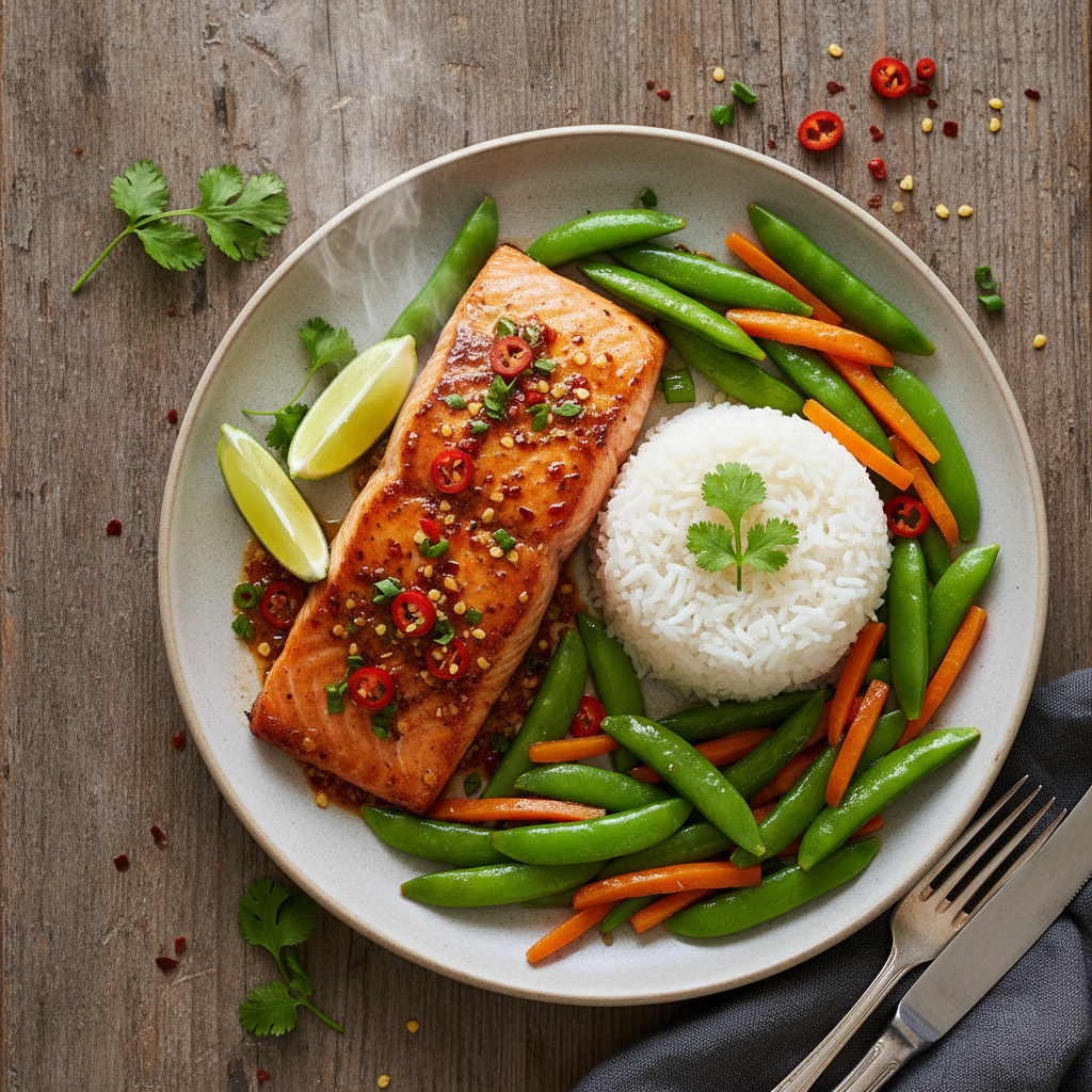 Kryddig thailändsk chili-vitlökssalmon med jasminris och sauterade sockerärtor & morötter