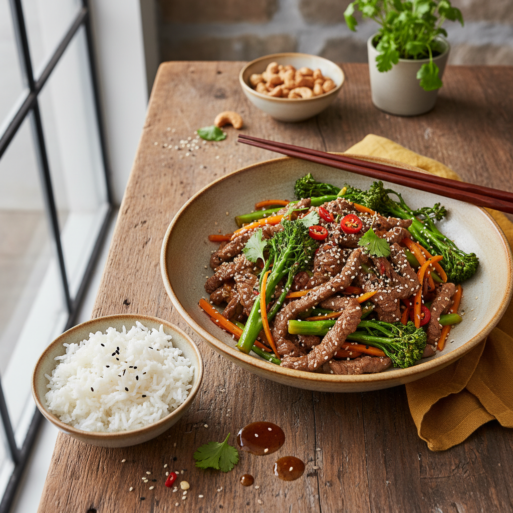 Japansk Strimlad Biffwok med Broccolini och Sesam