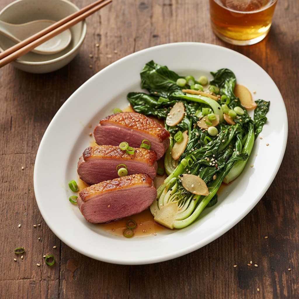 Stekt ankbröst med ingefära-vitlökspak choi