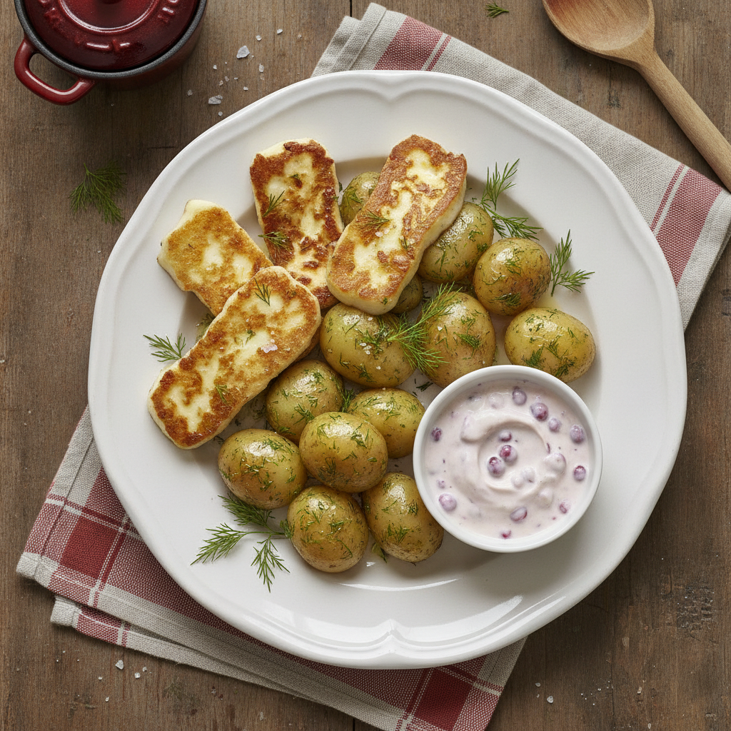 Stekt Halloumi med Dillkokt Potatis och Lingoncrème