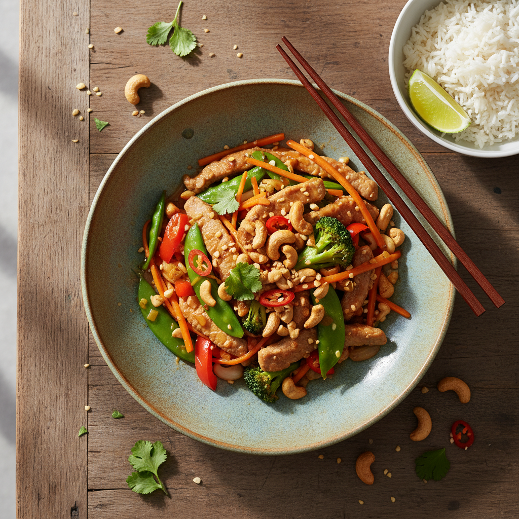 Thailändsk Fläskfiléwok med Cashewnötter och Jasminris