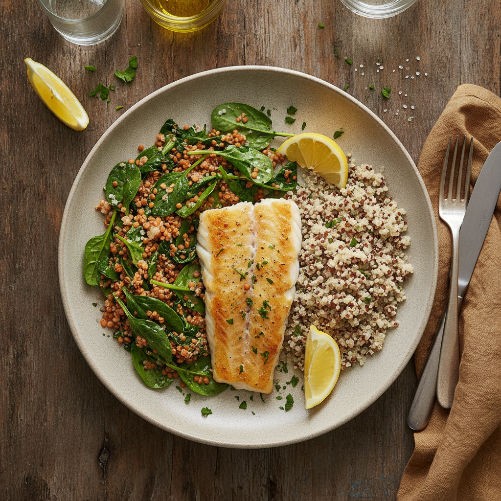 Ugnsbakad Sej med Varm Lins- och Spenatsallad samt Quinoa