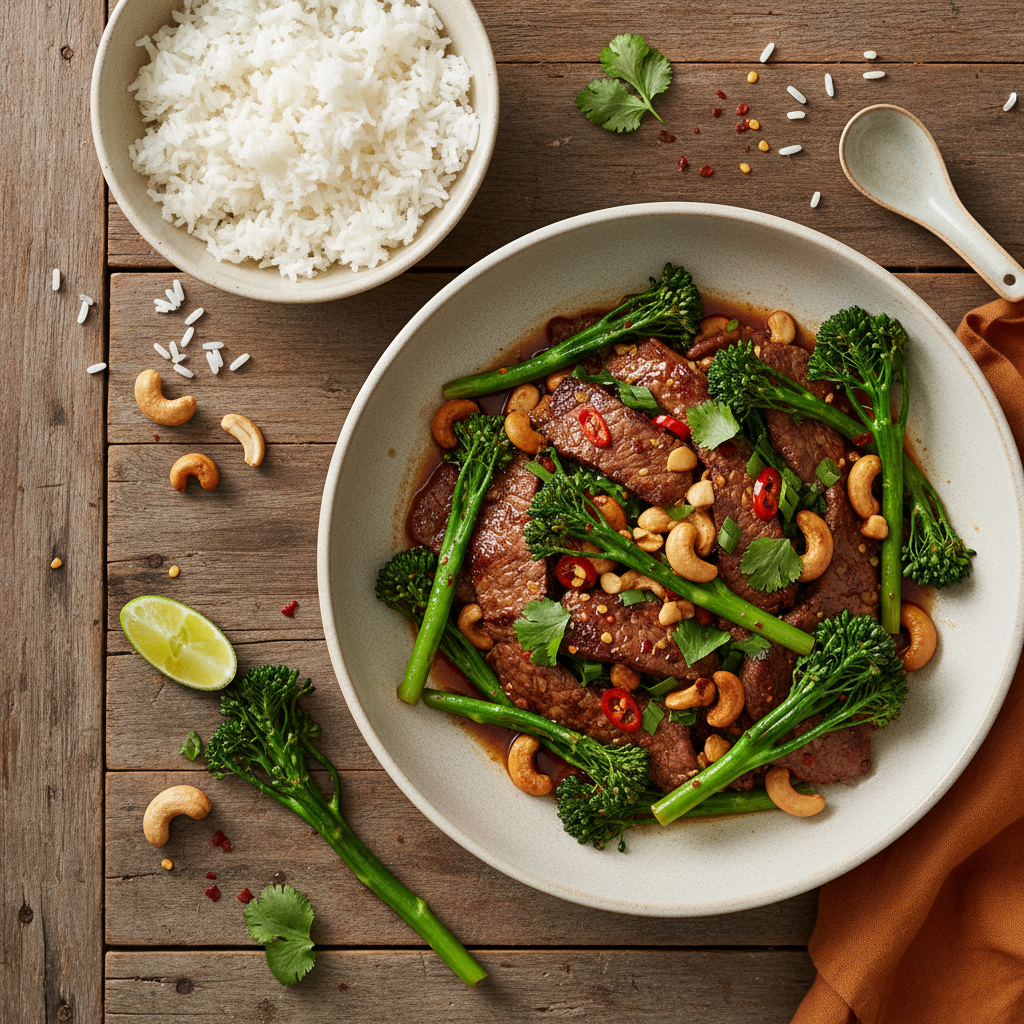 Thailändsk Biffwok med Broccolini och Cashewnötter