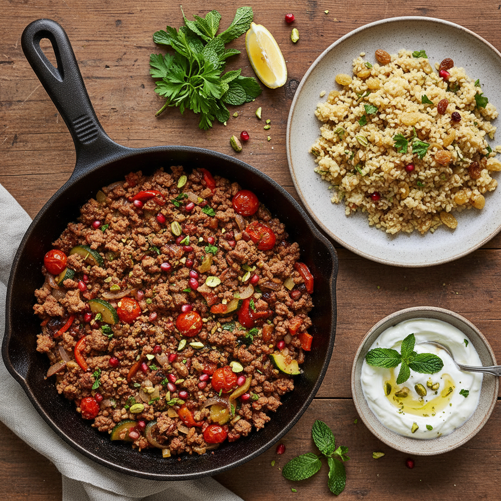 Mellanösterninspirerad Lammfärspanna med Bulgur och Myntayoghurt