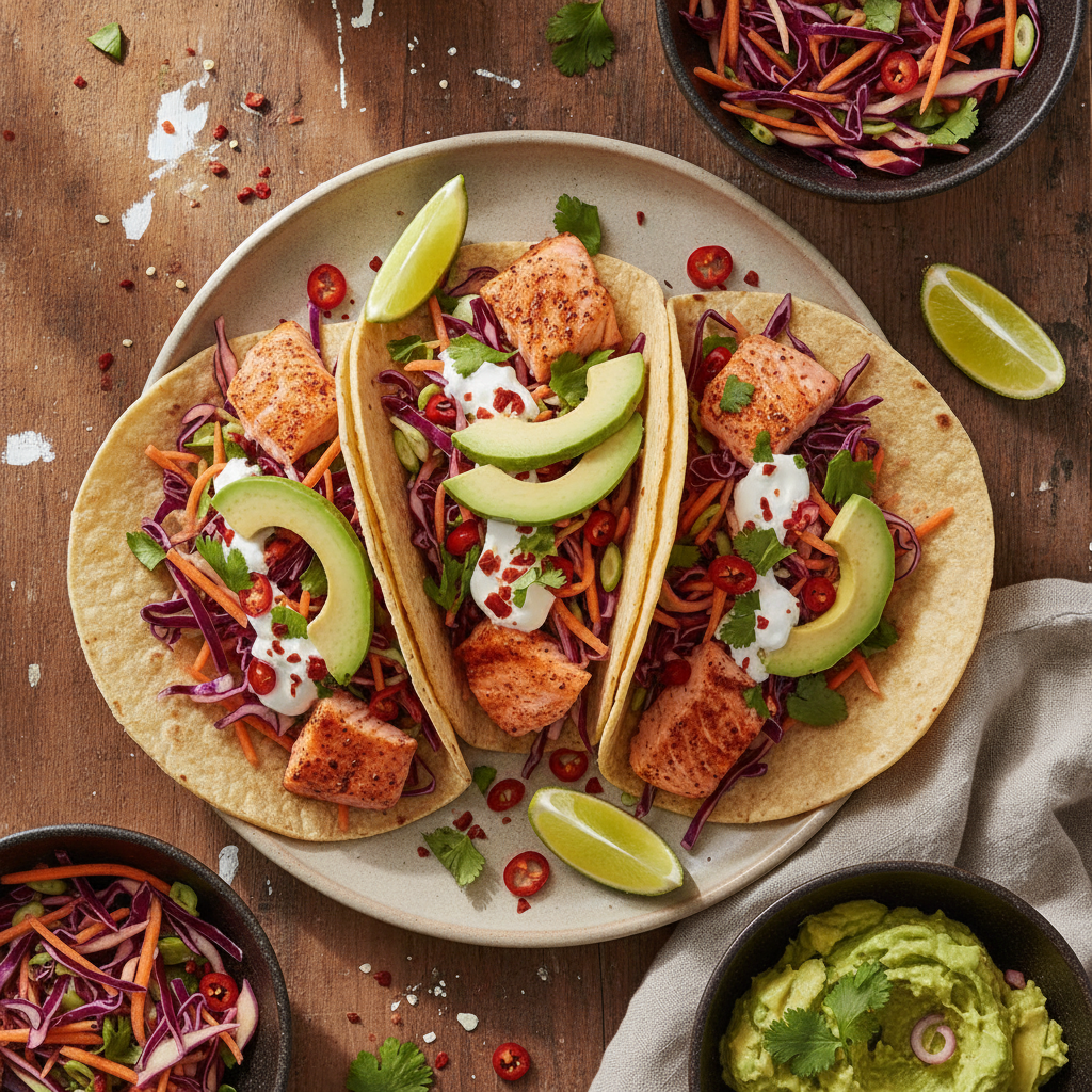 Mexikanska Lax Tacos med Kålsallad och Avokado