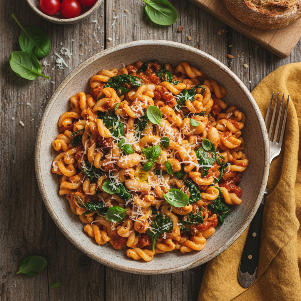 Pasta med krämig tomatsås och vita bönor