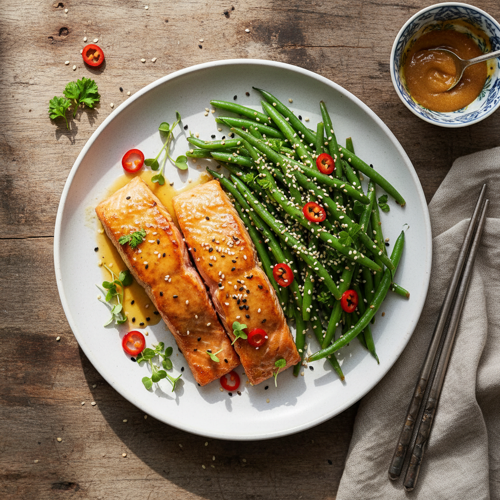 Misoglaserad lax med sesamharicots verts