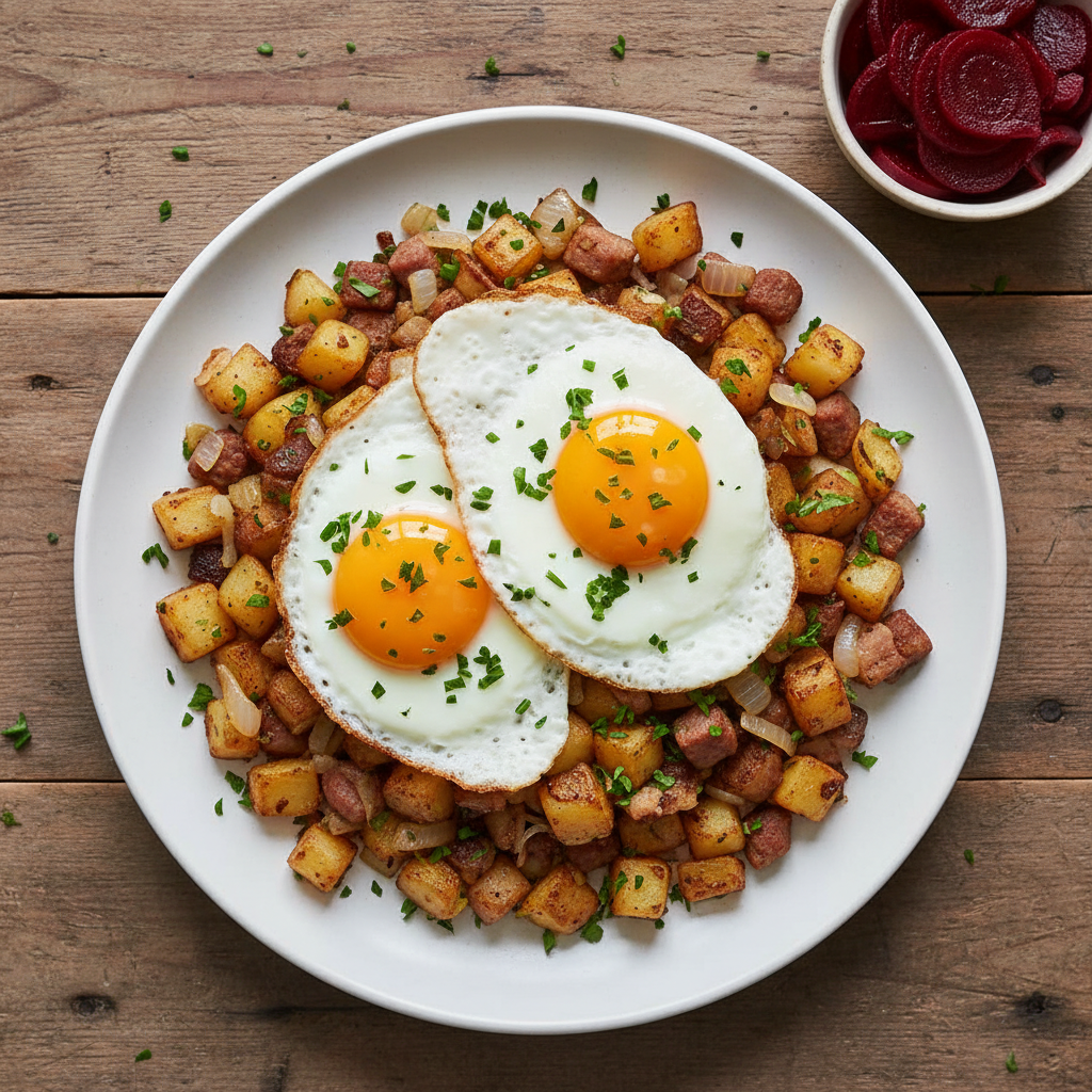 Pyttipanna med stekt ägg och rödbetor