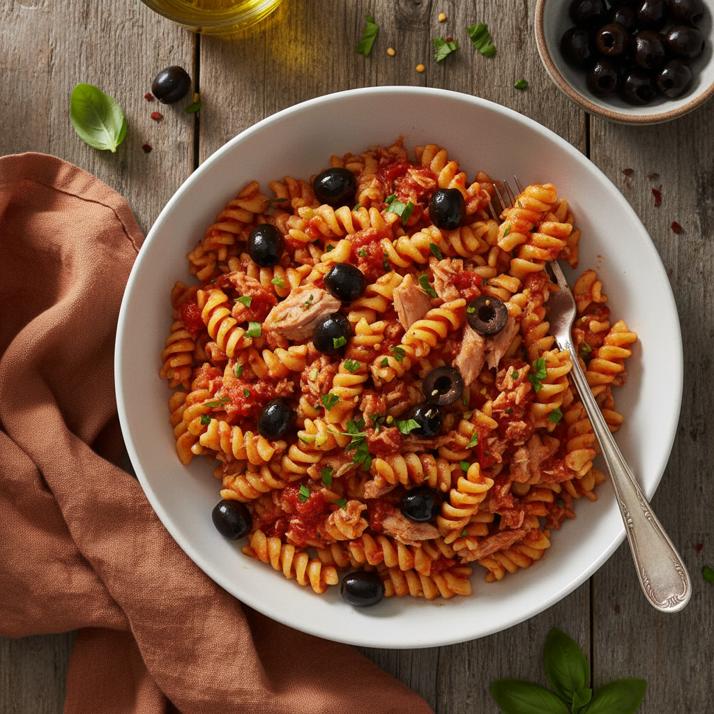 Tonfiskpasta med Tomatsås och Oliver