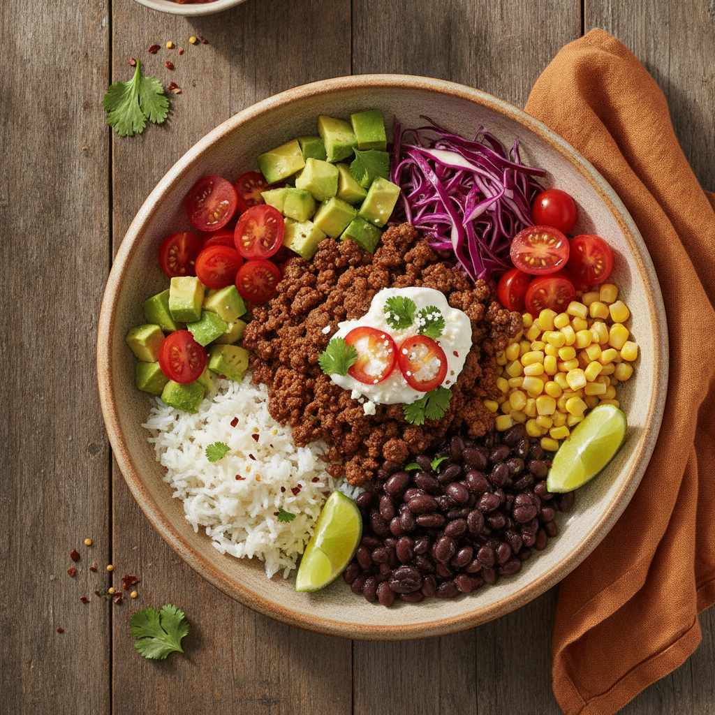 Mexikansk Burrito Bowl med Nötfärs och Svarta Bönor