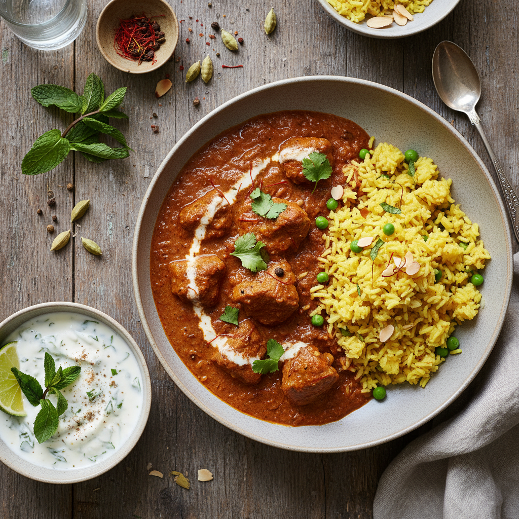 Lamm Rogan Josh med Saffransris och Myntaraita