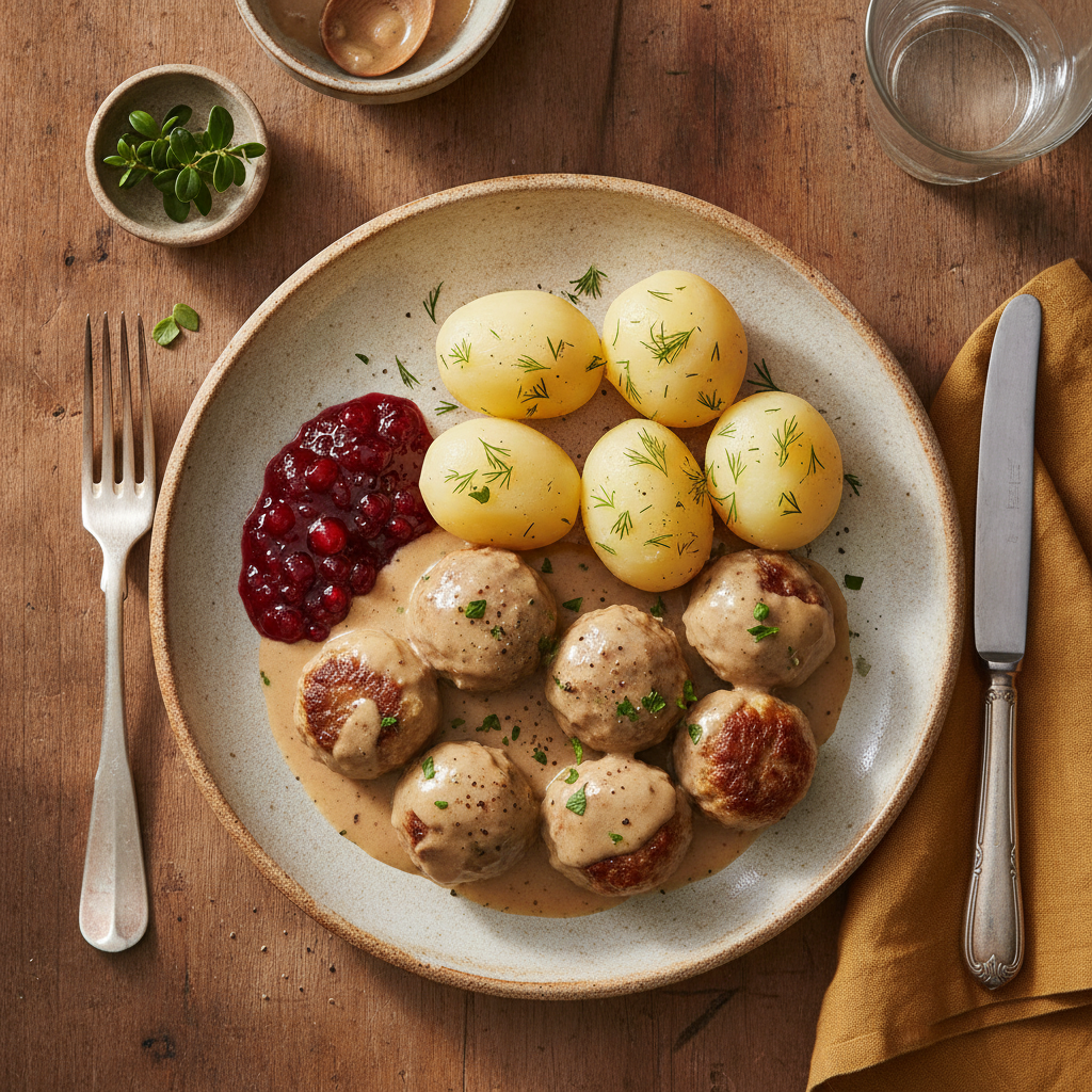 Svenska Köttbullar med Krämig Gräddsås, Kokt Potatis och Lingonsylt