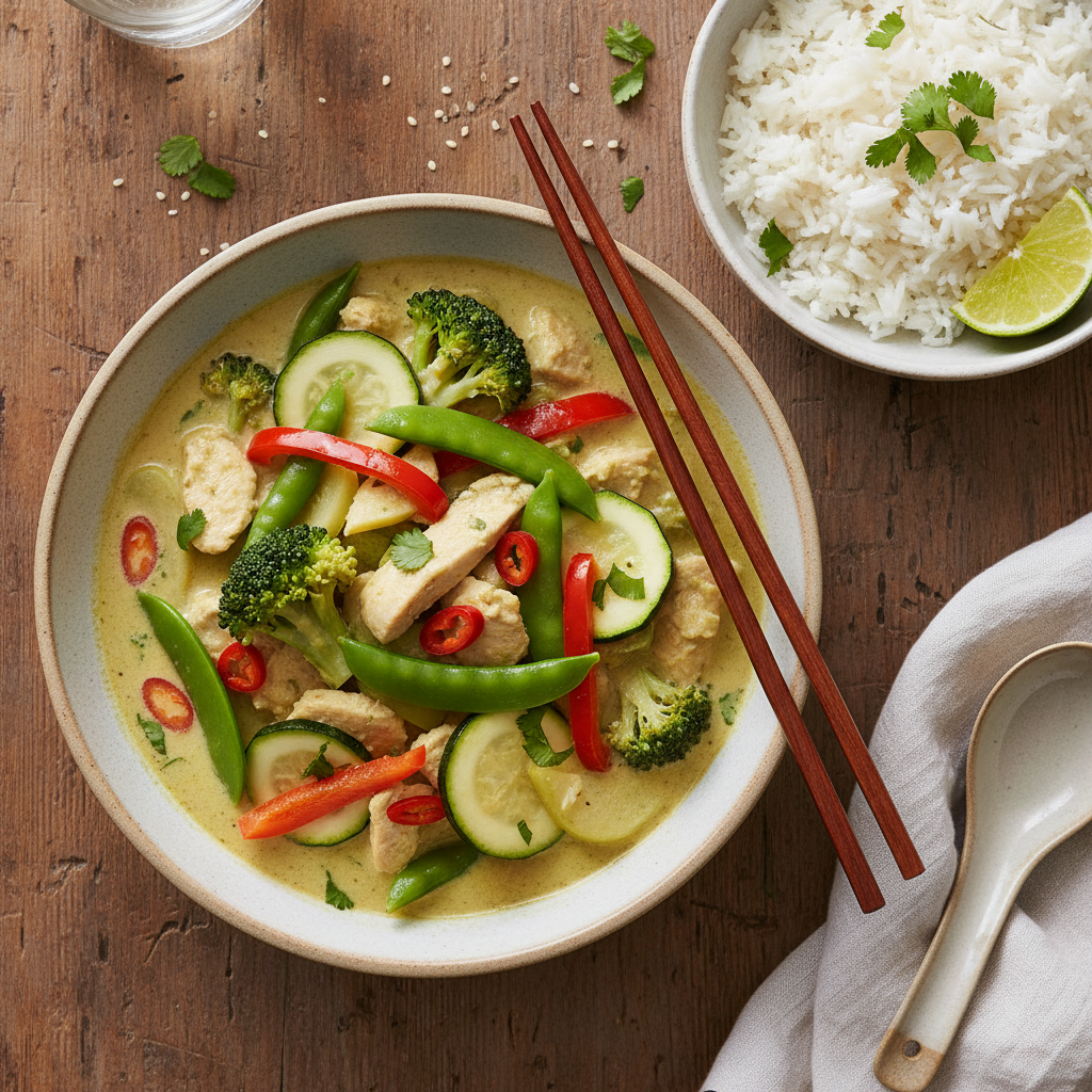Krämig Grön Curry med Kyckling och Krispiga Grönsaker