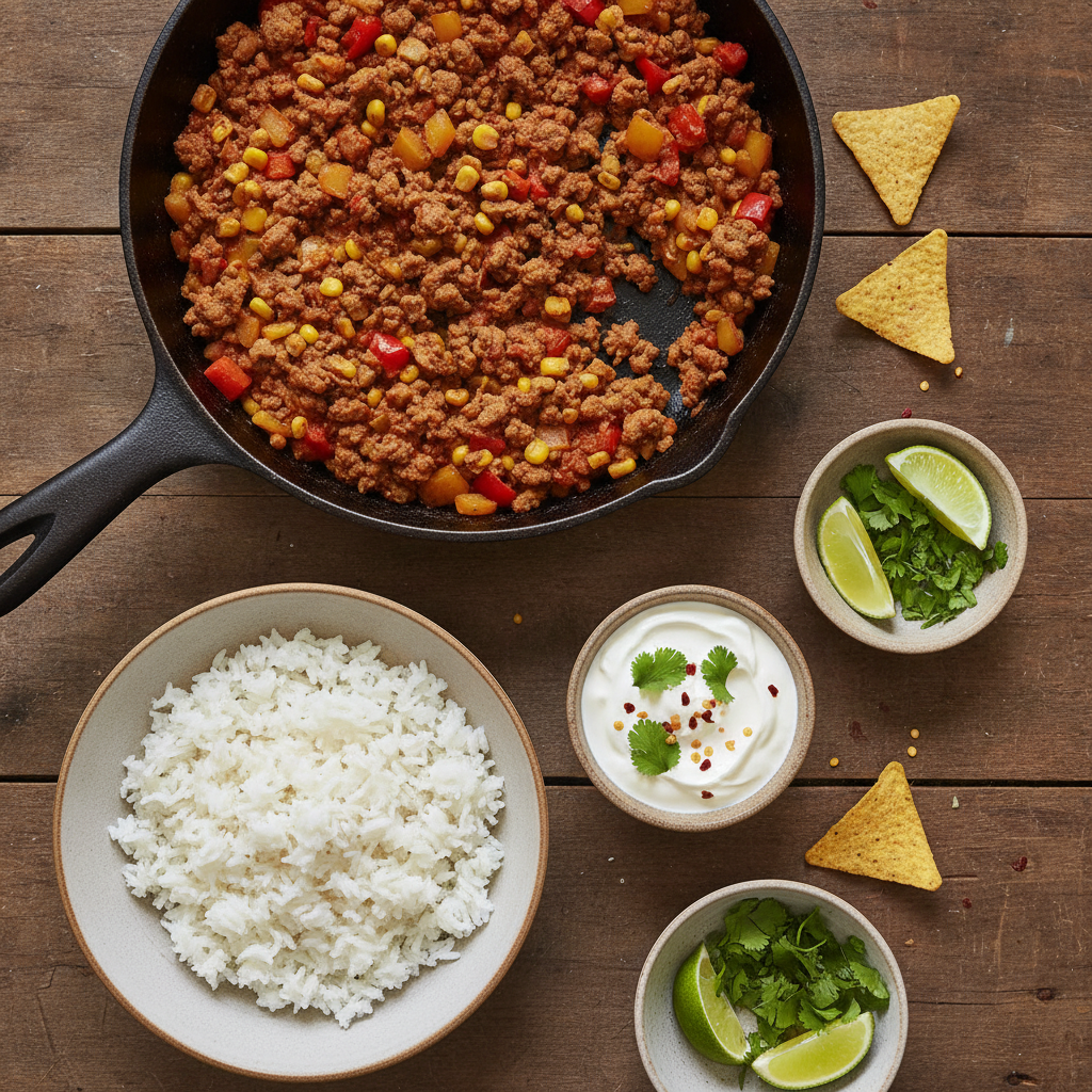 Mexikansk Tacopanna med Fläskfärs och Ris