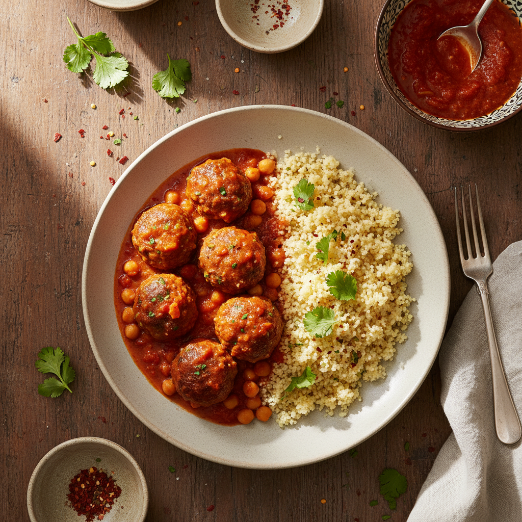 Kryddiga Kefta med Tomatsås och Couscous