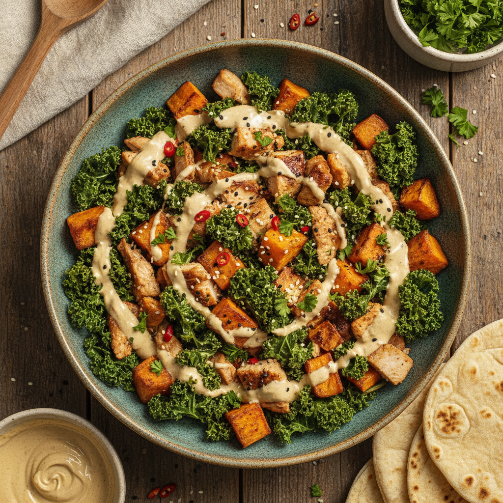 Turkisk Bowl med Sötpotatis, Grönkål och Tahinidressing